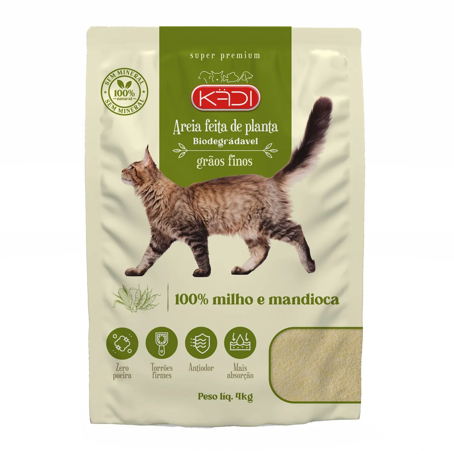 Areia Higiênica Kadi Biodegradável para Gatos Milho e Mandioca Grãos Finos